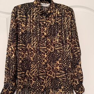 vtg YVES ST CLAIR Button Blouse Sz 12 Gold & Black Metallic Print Semi-Sheer EUC